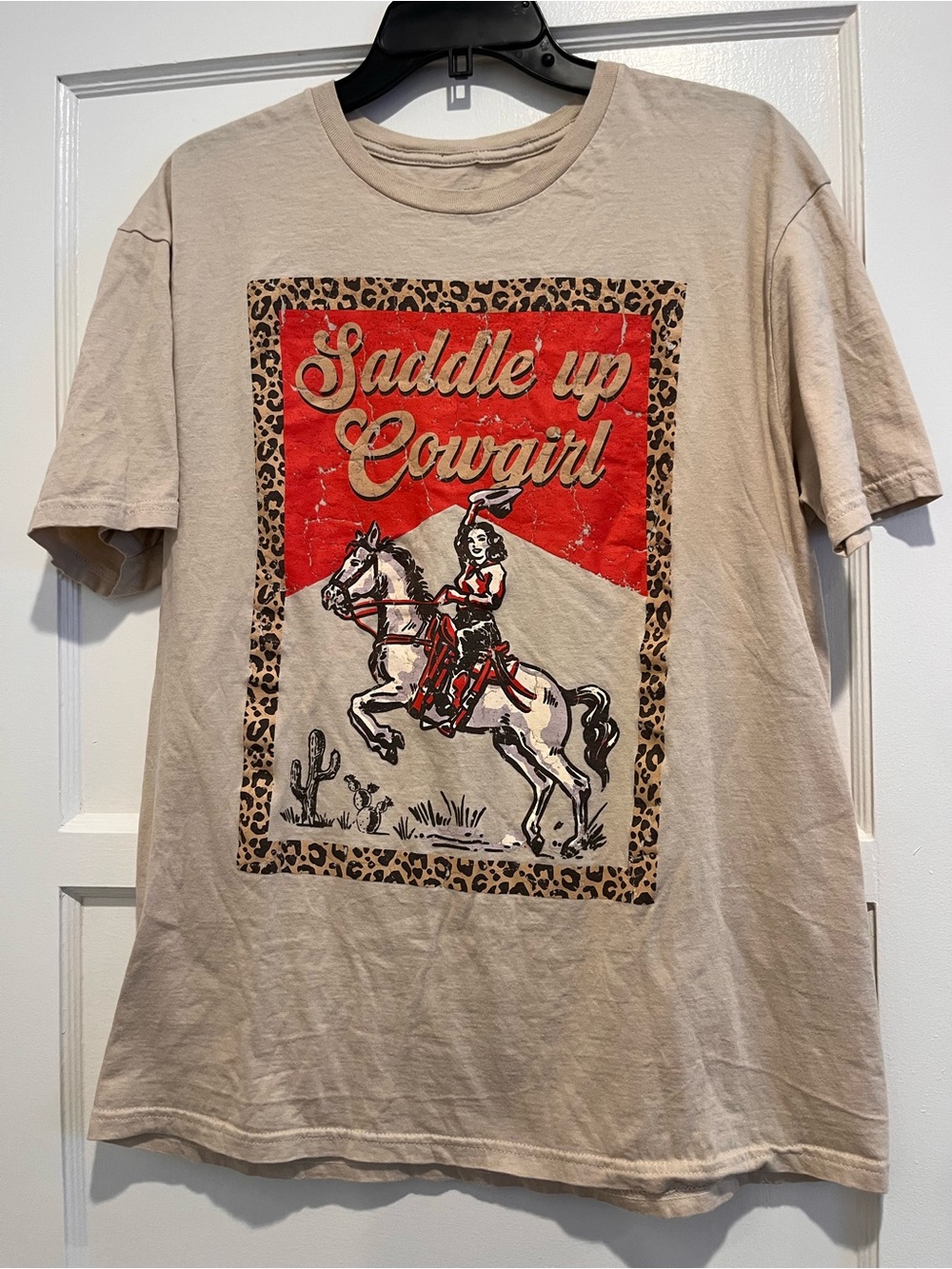 Saddle Up Cowgirl Graphic Tee - Beige & Red